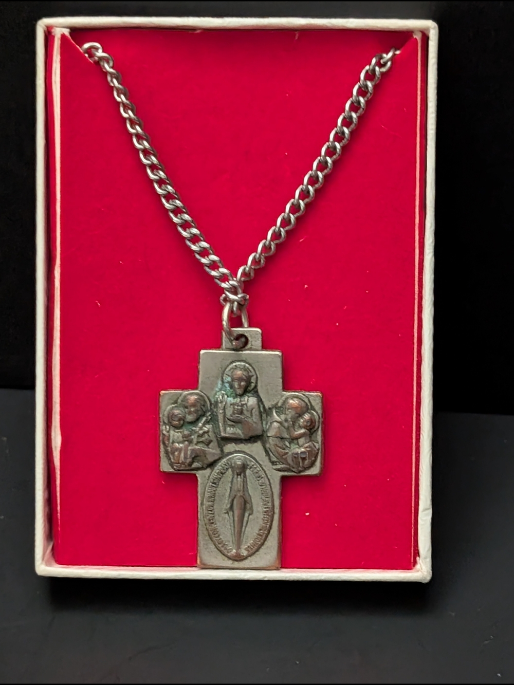 Vintage Catholic four-way devotional Sterling Silver cross pendant  8-2026D5